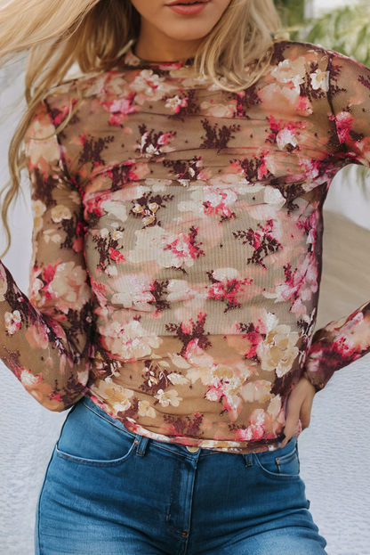 Little Daisy Closet - LDC Floral Print Sheer Mesh Long Sleeve Top