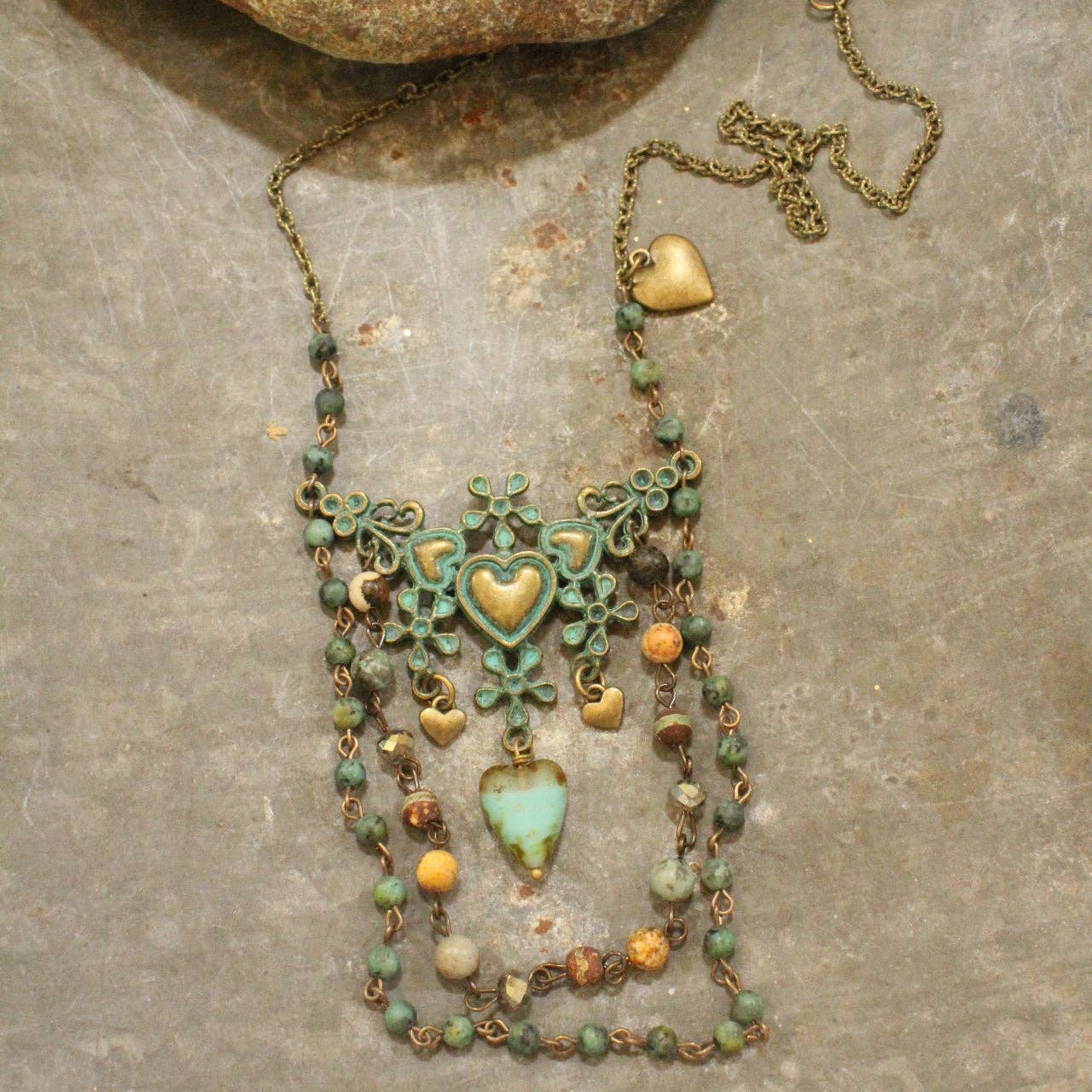 The Primitive Peddler, Inc. - Vintage Verdigris Bronze &amp; Czech Heart Layered Necklace