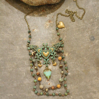 The Primitive Peddler, Inc. - Vintage Verdigris Bronze &amp; Czech Heart Layered Necklace