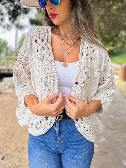 AMOLI - Ivory Boho Lace Detail Dolman Sleeve Button-Down Cardigan