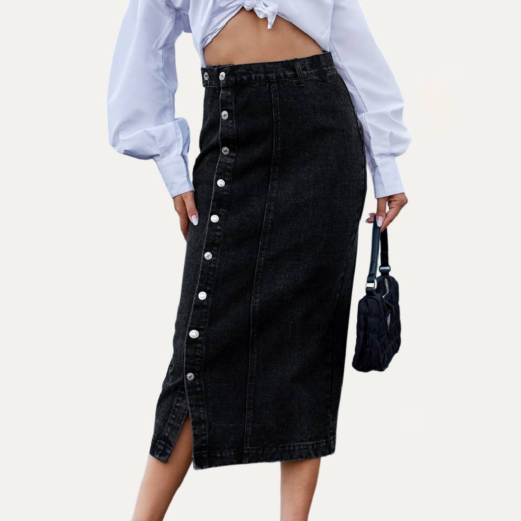 The Moment Collection - Always Chic Buttons High-Rise Denim Midi Skirt