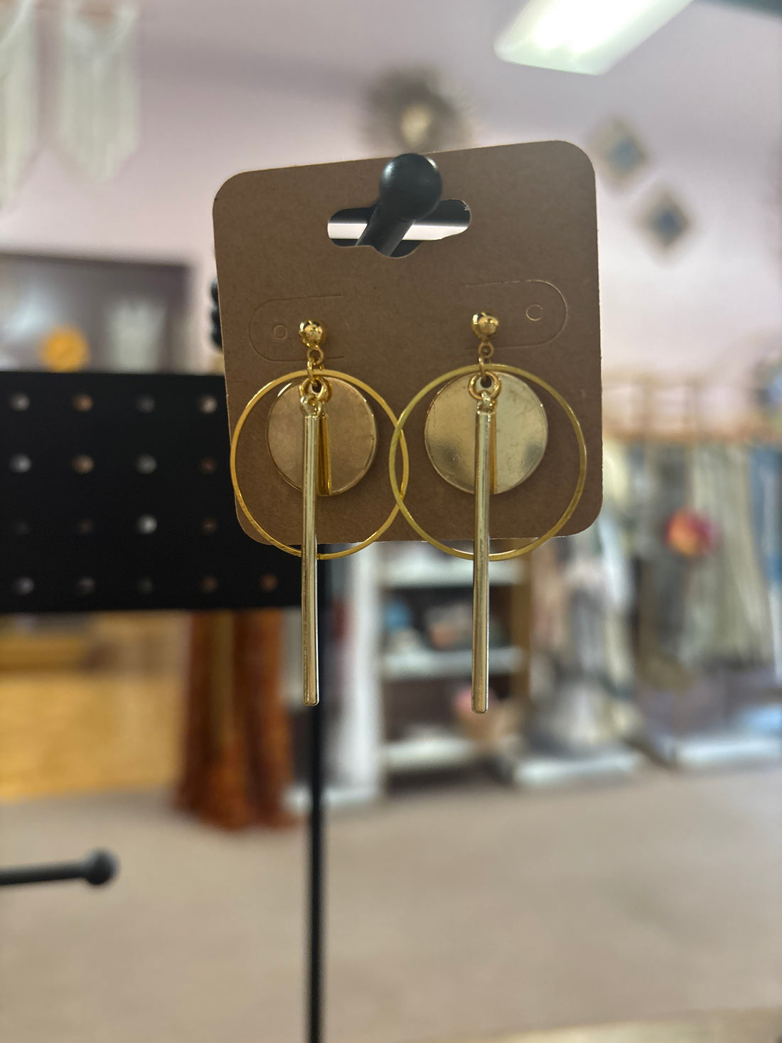 OhHeyBec--Gold circle &amp; rod dangle earrings