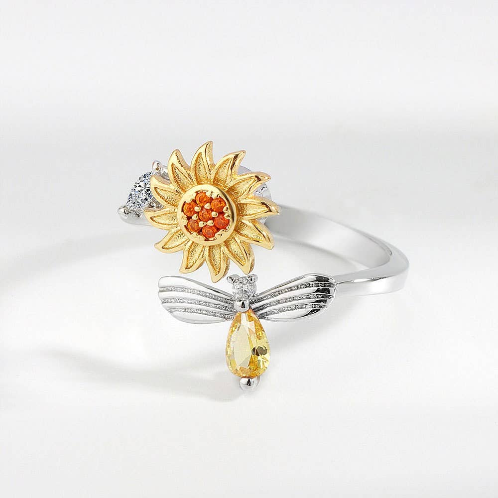 Sunflower Anxiety Fidget Spinner Ring in Sterling Silver