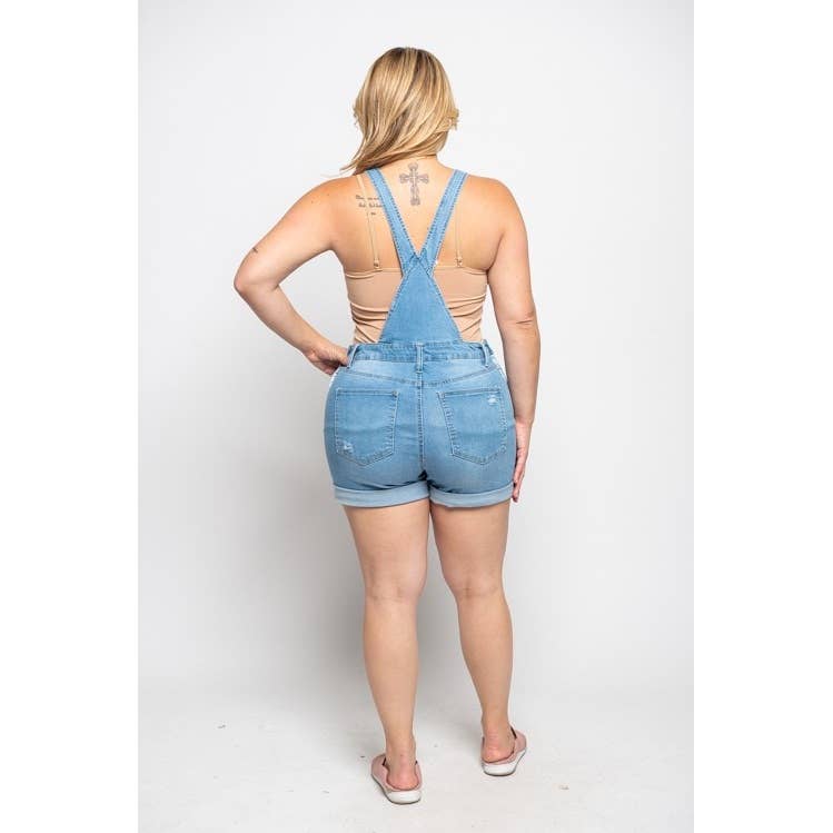 Curve Market - PLUS SIZE DISTRESSED STRETCH DENIM SHORT OVERALLS
