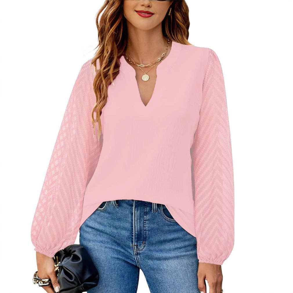 Lovesoft - Solid V Neck Chiffon Blouse Lace Puff Sleeve Top