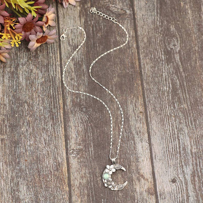 UNISHE - Bohemian Crescent Moon Floral Inlay Alloy Pendant