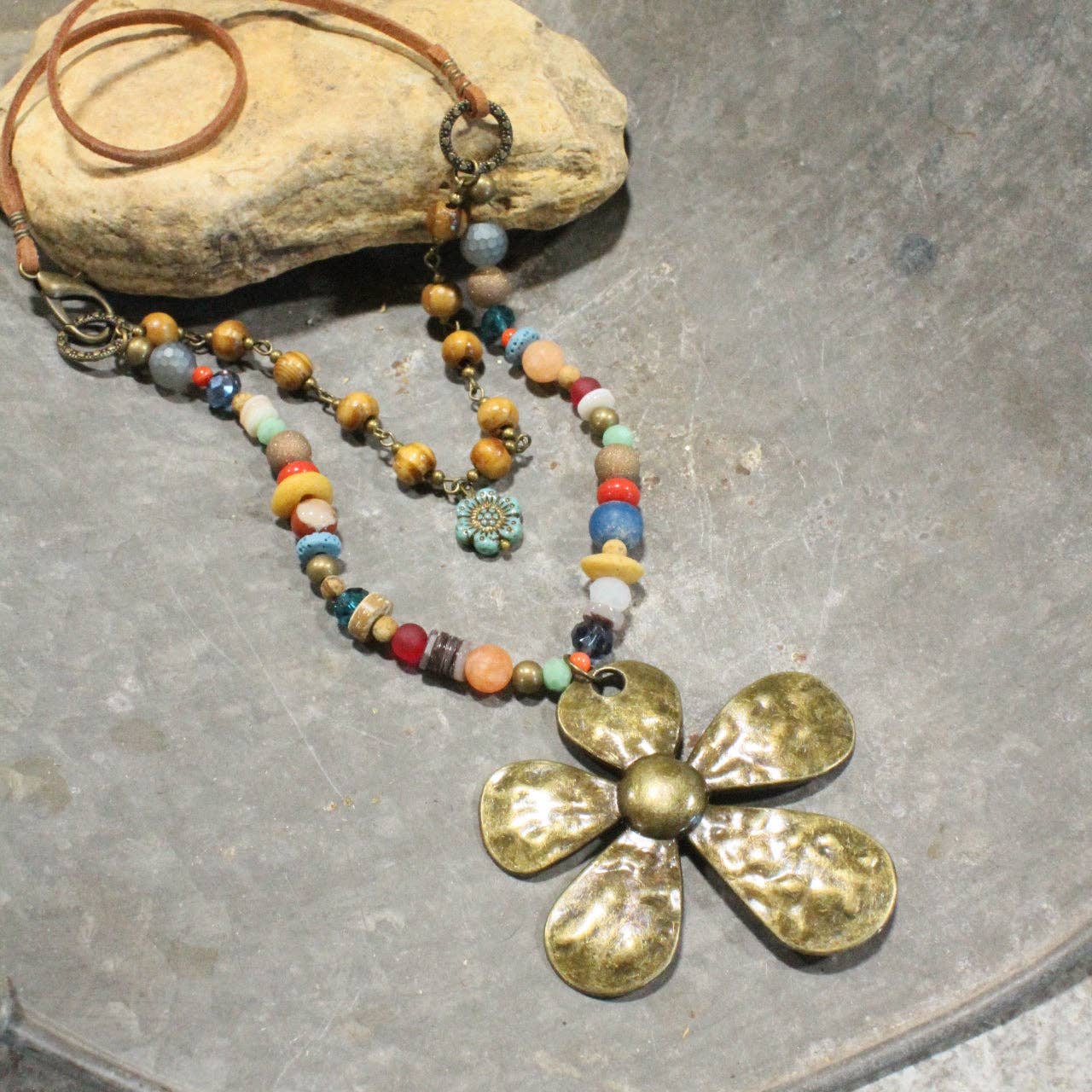 The Primitive Peddler, Inc. - Fun In the Sun Flower Layered Leather Necklace