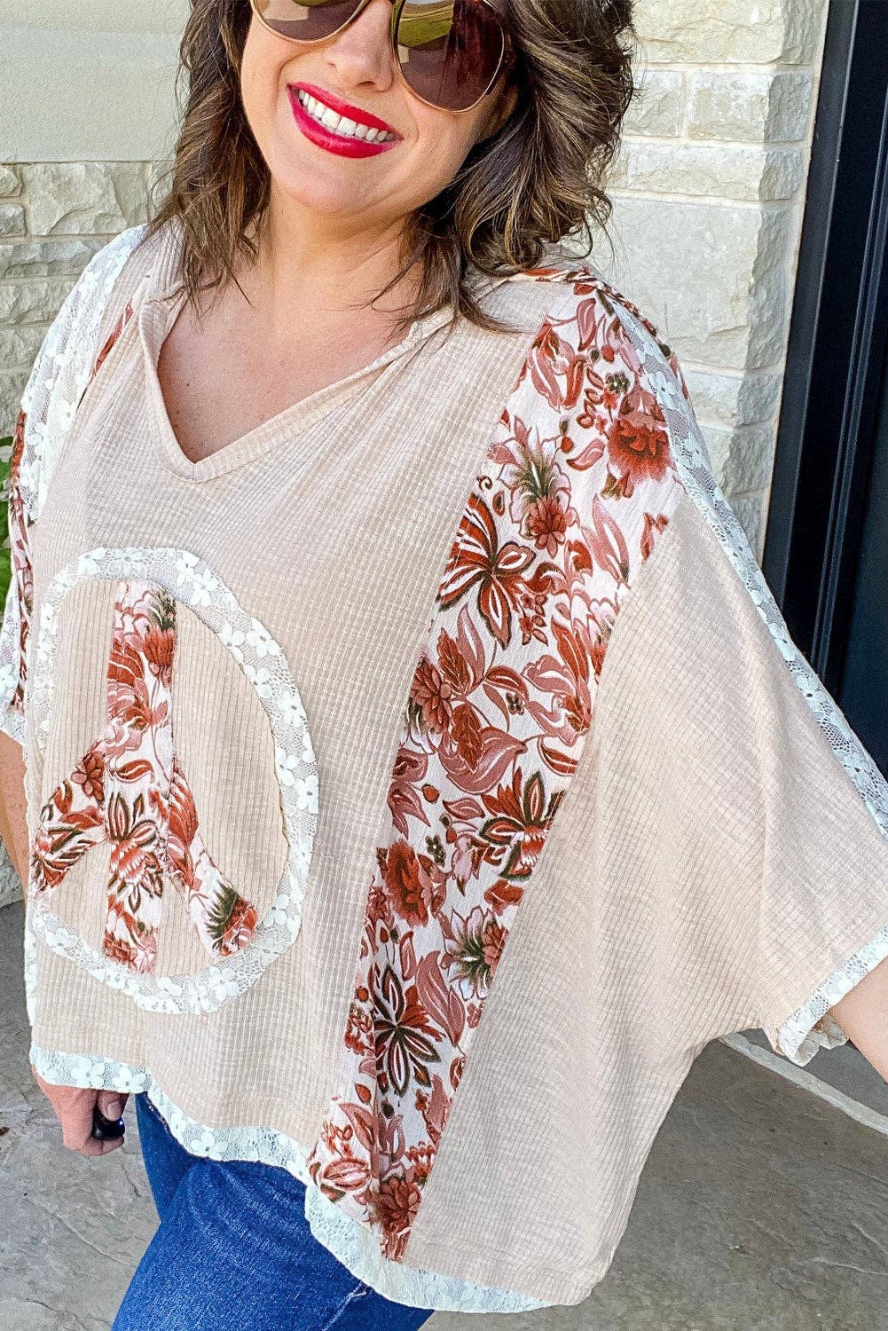 Lovesoft - Floral Peace Sign Graphic Lace Patch Ribbed Plus Size Hooded Top