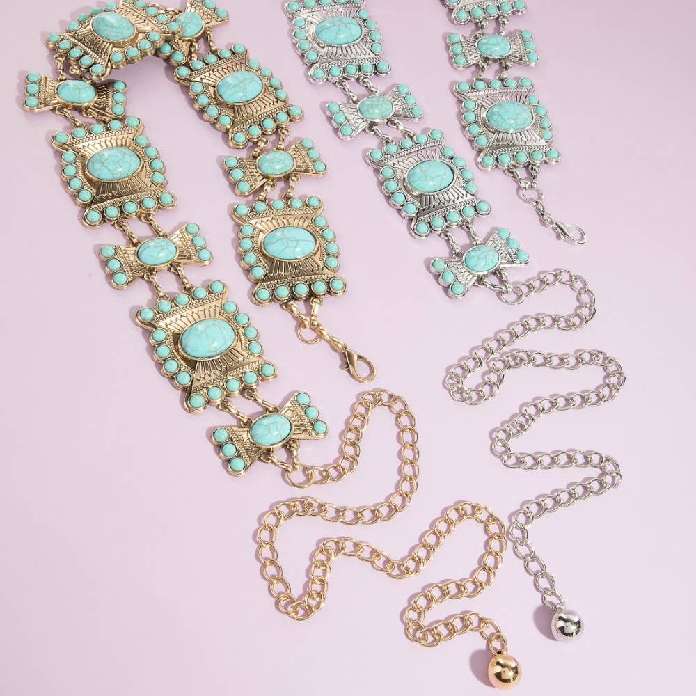 Collections by Fame Accessories - Turquoise Stone Western Concho Chain Belt
