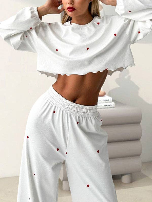 UZ Wholesale Store - High Waisted Long Sleeves Elasticity Heart Print See-Through Split-Joint Round-Neck Two Pieces Set