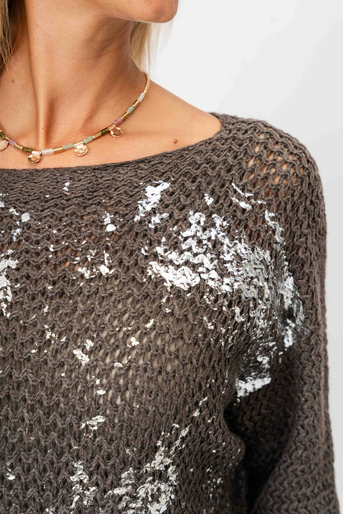 Look Mode Usa OUTLET - Open Knit sweater with Silver Foil