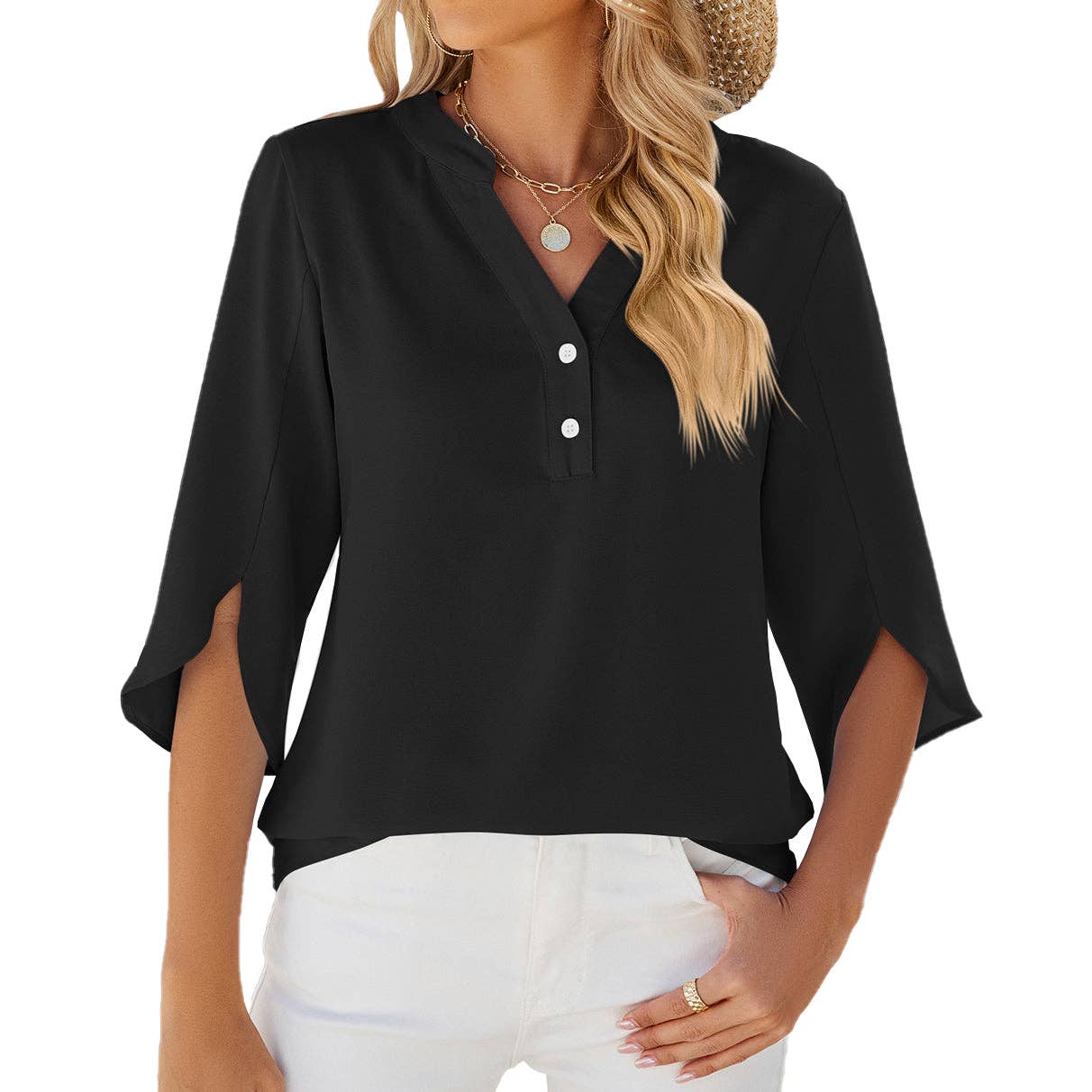 Lovesoft - V-neck Medium sleeve chiffled chiffon top