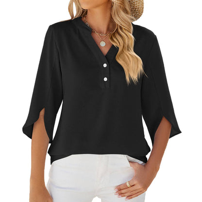 Lovesoft - V-neck Medium sleeve chiffled chiffon top