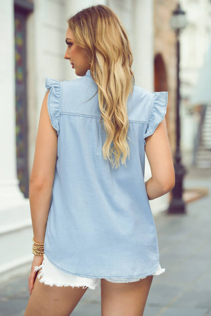 1 the Woman - Mineral Wash Cap Sleeve Frilled Button Up Denim Shirt