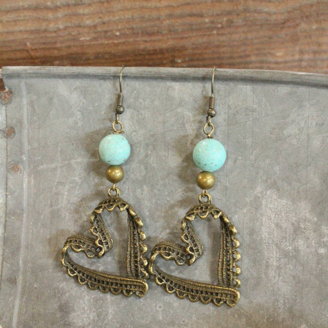The Primitive Peddler, Inc. - Bronze &amp; Turquoise Heart Earrings