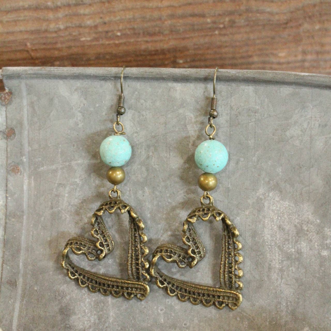 The Primitive Peddler, Inc. - Bronze &amp; Turquoise Heart Earrings