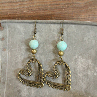 The Primitive Peddler, Inc. - Bronze &amp; Turquoise Heart Earrings