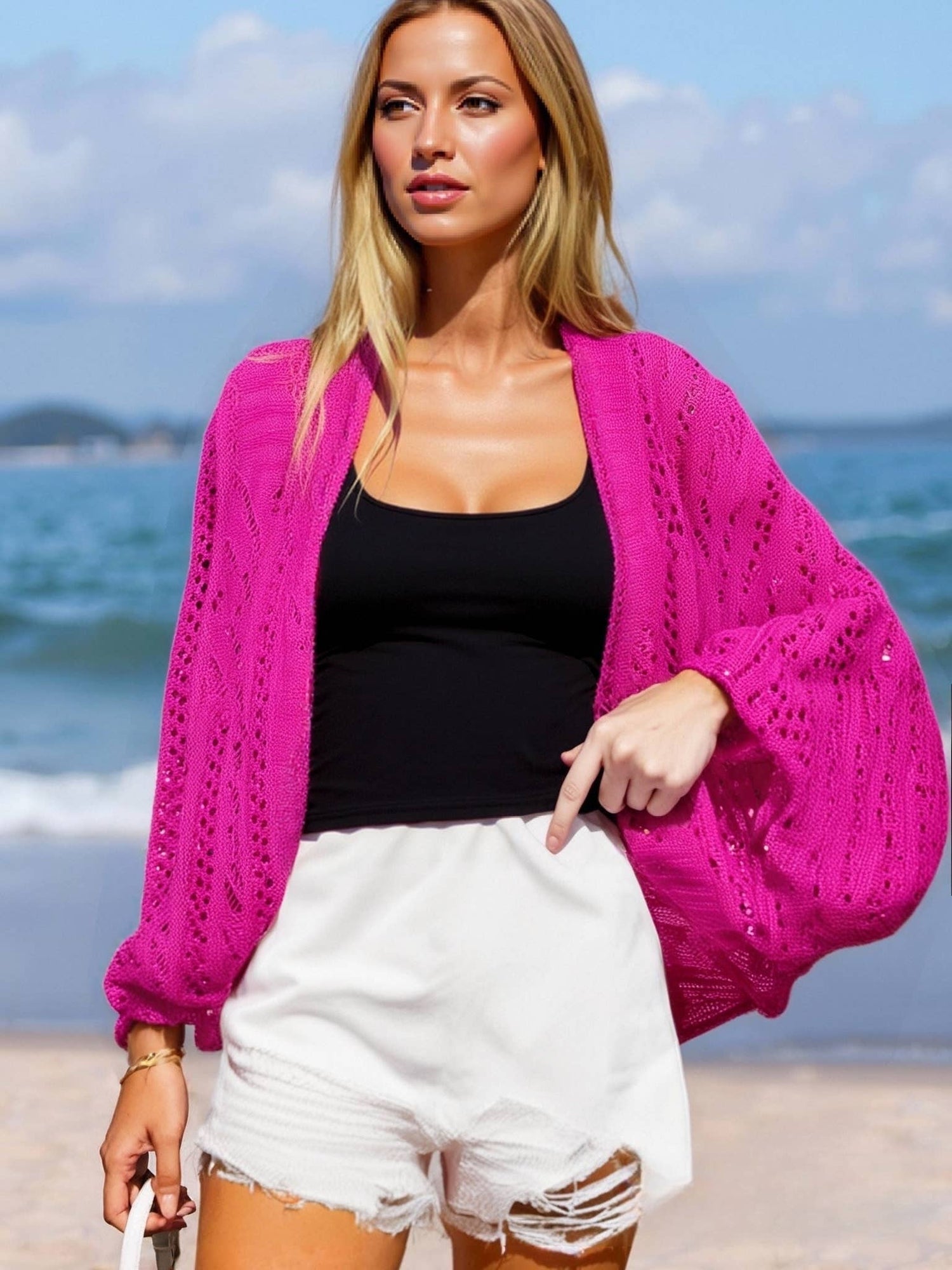 JC Sunny Fashion - Two-Way Hollow Out Open-Front Sweater/Scarf