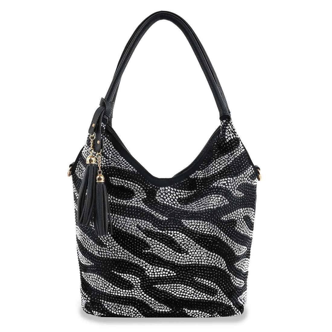 Handbag Express - Zebra Rhinestone Pattern Shoulder Bag - Black