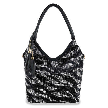 Handbag Express - Zebra Rhinestone Pattern Shoulder Bag - Black
