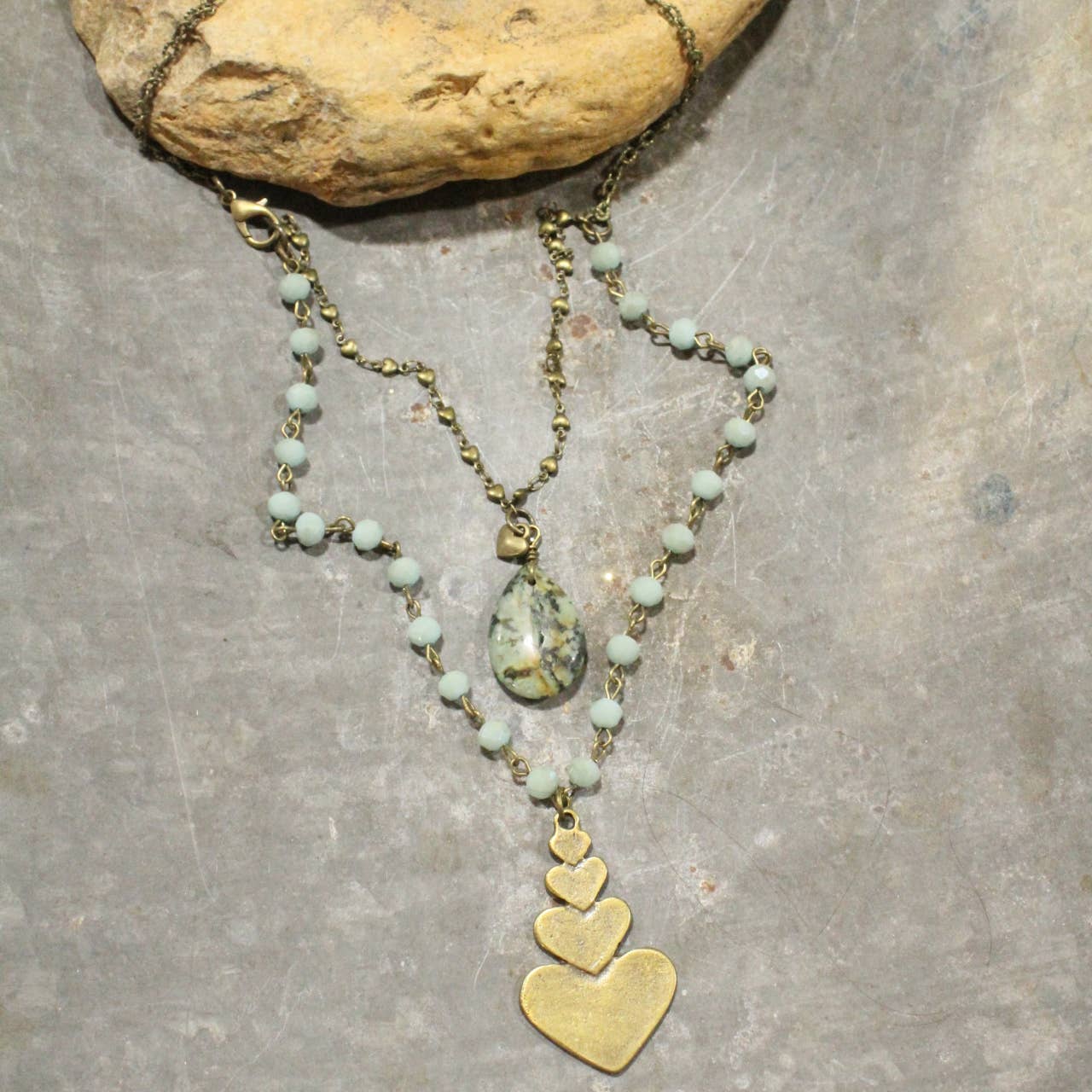 The Primitive Peddler, Inc. - Double Layered Stone &amp; Bronze Heart Drop Necklace