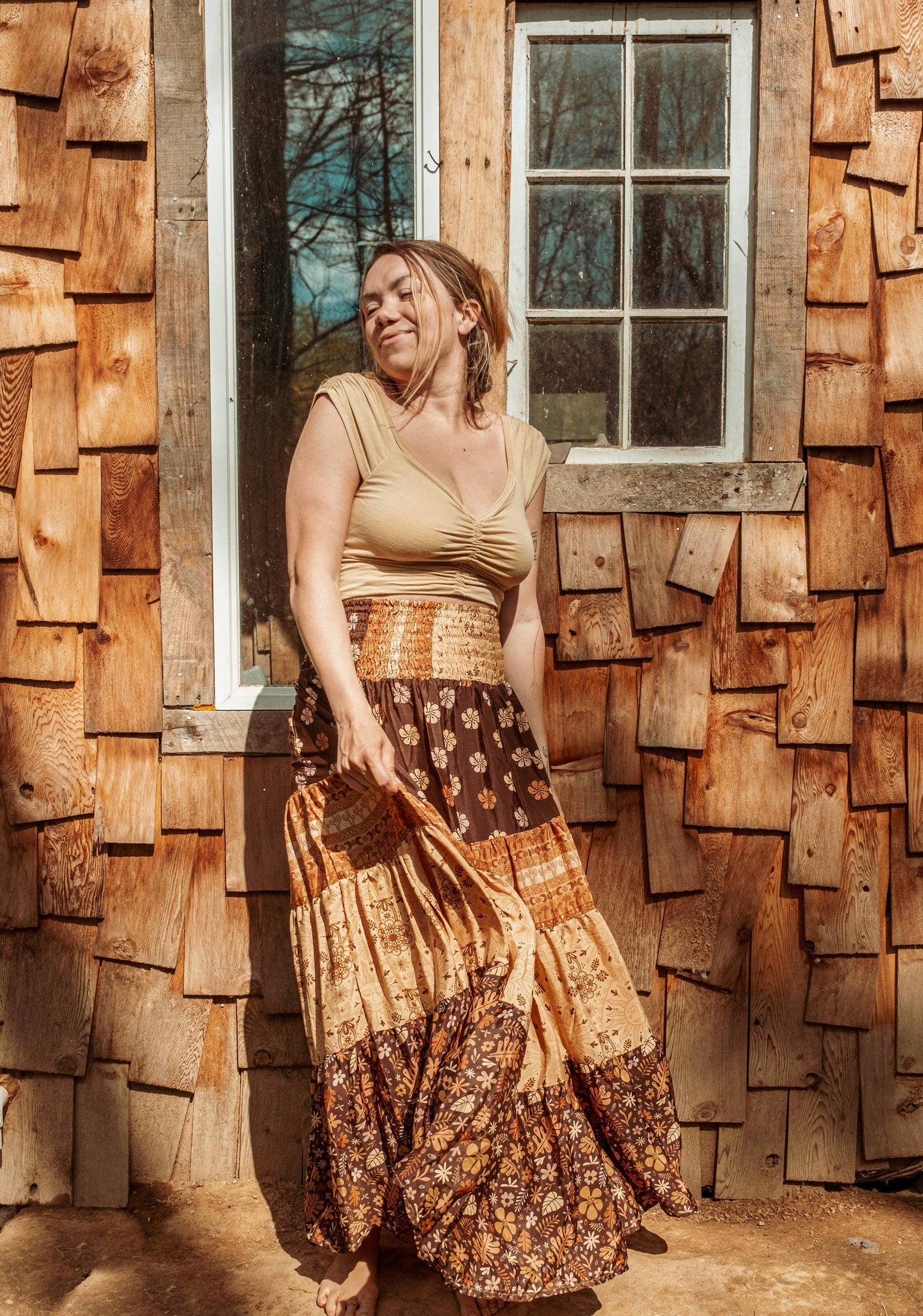 Gardenbelle Shop - Bohemian Earthy Print Tiered Maxi Skirt, Hippie Boho Dress