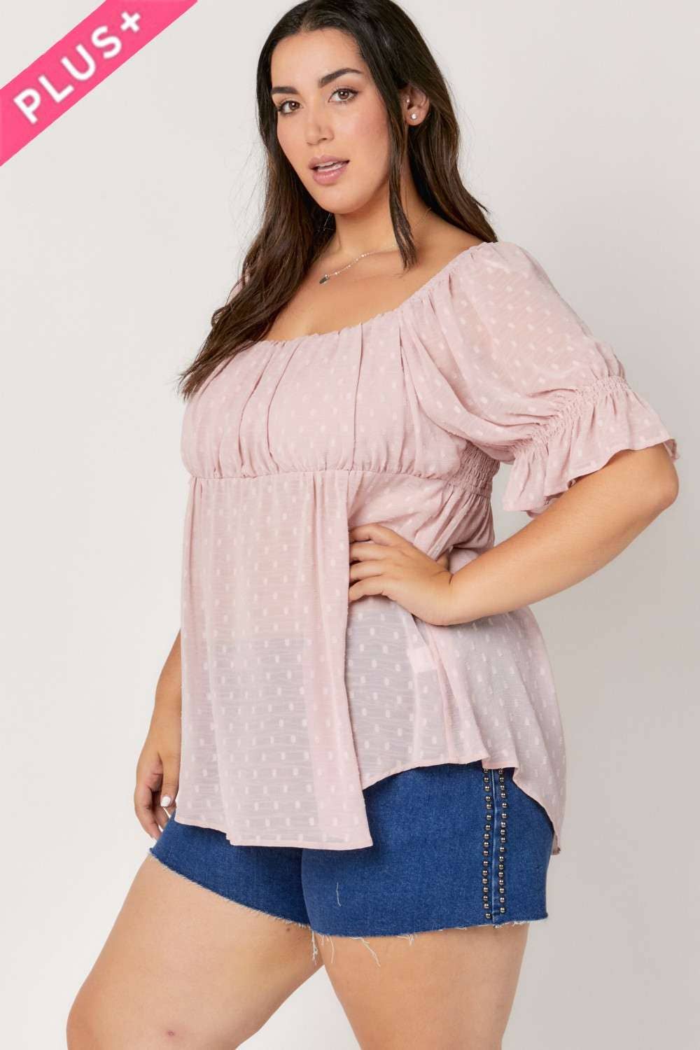 Davi &amp; Dani - POLKA DOT SMOCKED RUFFLE SHORT PUFF SLEEVE TOP: PLUS