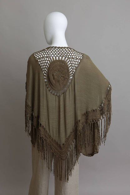 Leto Accessories - Festival-Ready Crochet Back Tasseled Kimono Jacket 