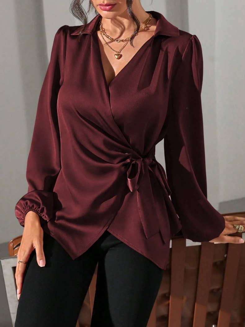 Hope &amp; Sunshine - Satin Tie-Waist Long Sleeve Blouse