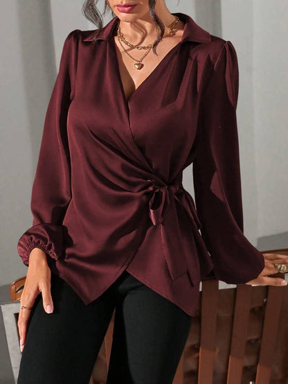 Hope &amp; Sunshine - Satin Tie-Waist Long Sleeve Blouse