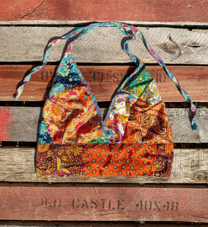 Beachy Boho Hippie Recycled Patchwork Silk Bralette, Bra Top
