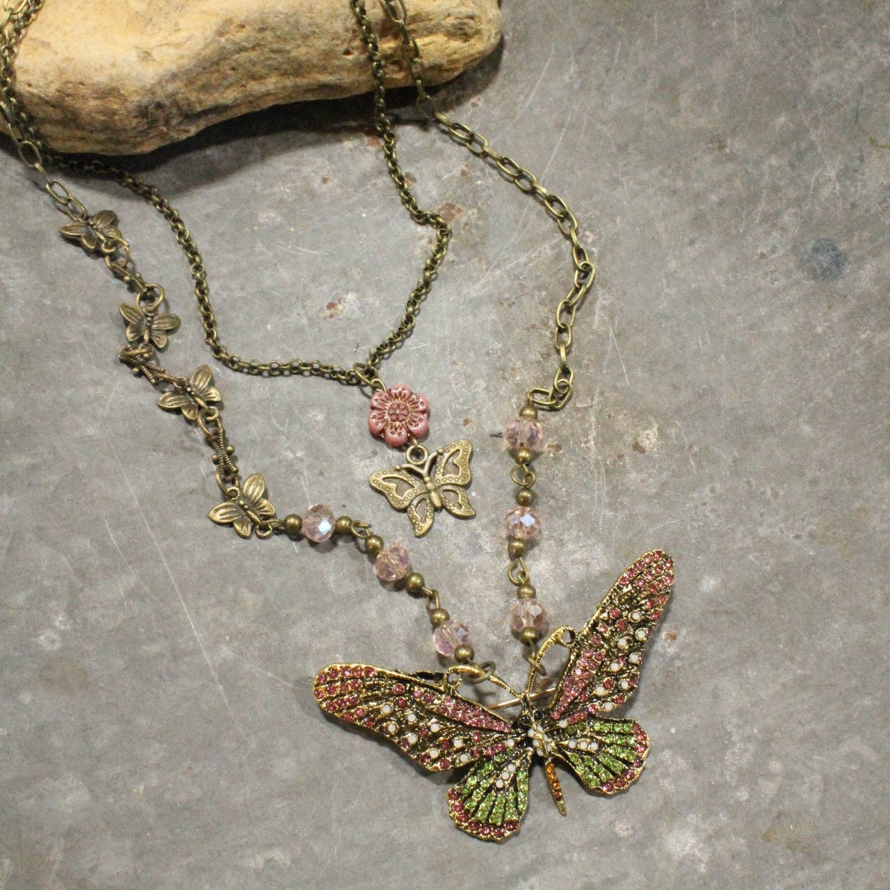 The Primitive Peddler, Inc. - Fly High Butterfly Bling Blushing Layered Necklace