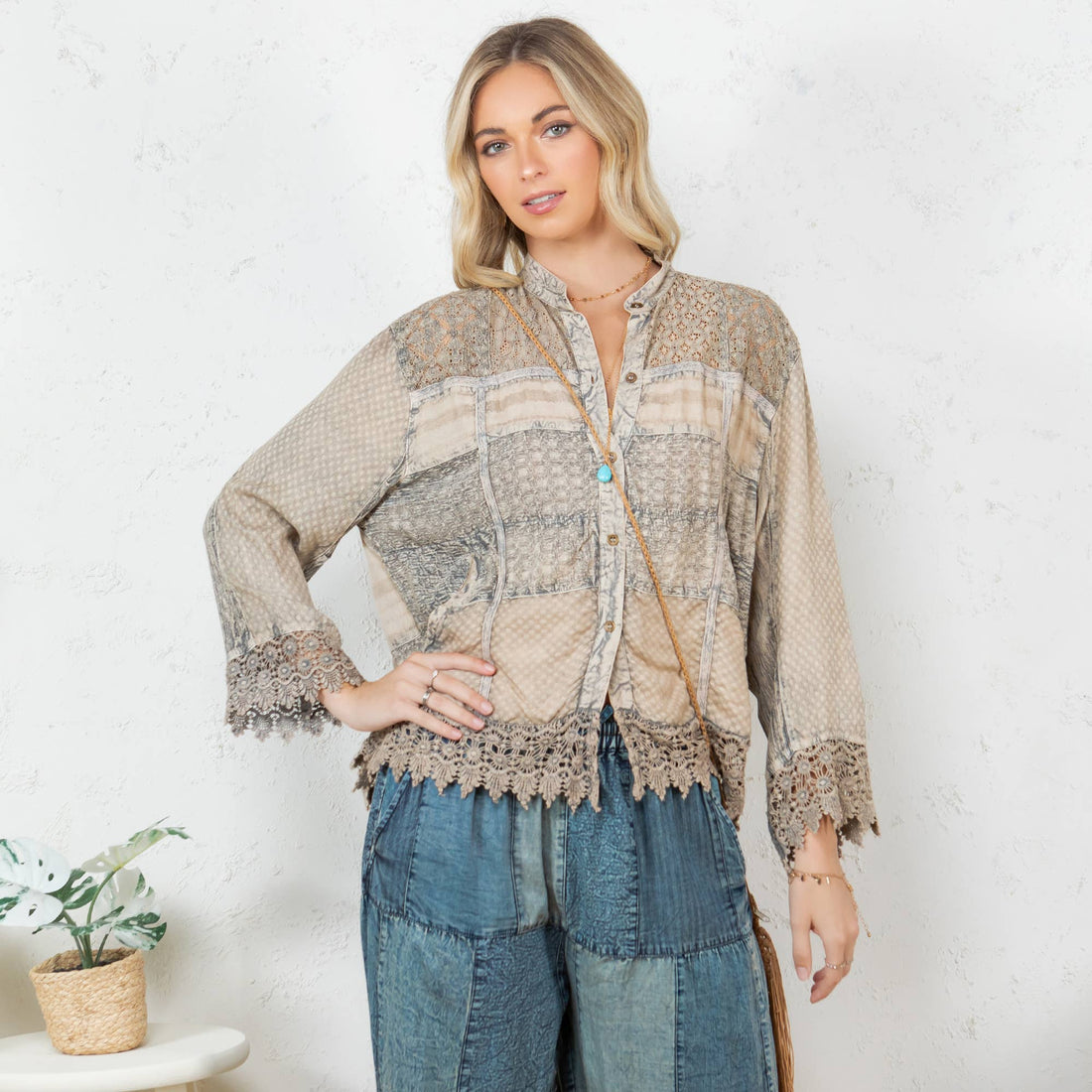 Young Threads - Chic Lace Patch Shacket with White Shell Buttons