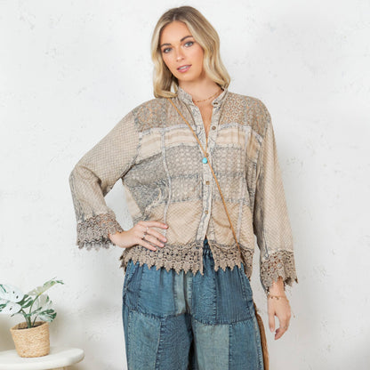 Young Threads - Chic Lace Patch Shacket with White Shell Buttons