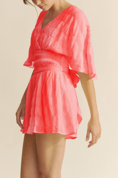 Davi &amp; Dani - BATWING SLEEVES SNAPE BUTTON UP WAISTBELT ROMPER
