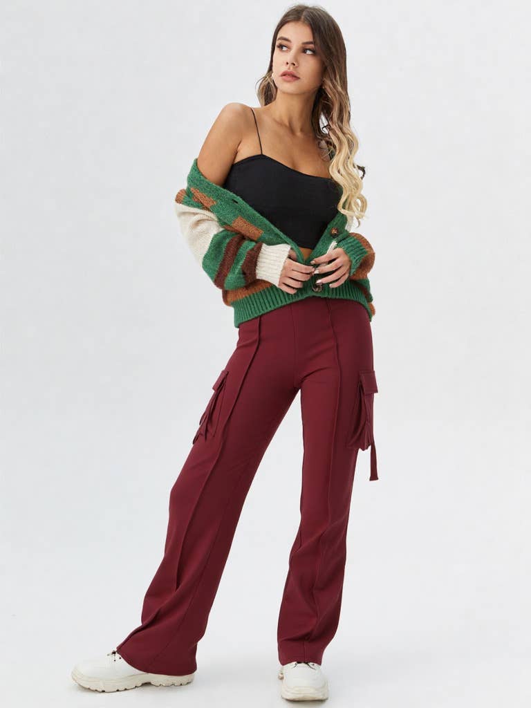 VERY J - NP70266-Bootcut Stretchy Knit Cargo Yoga Pants Leggings