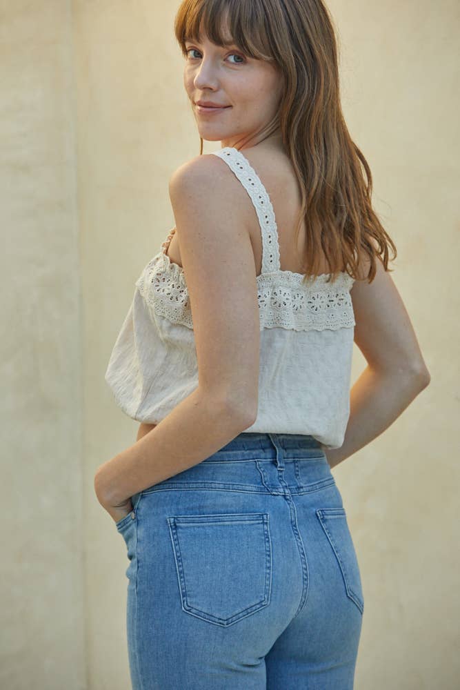 By Together | Woven Cotton Crochet Gauze Line Lace Crop Top