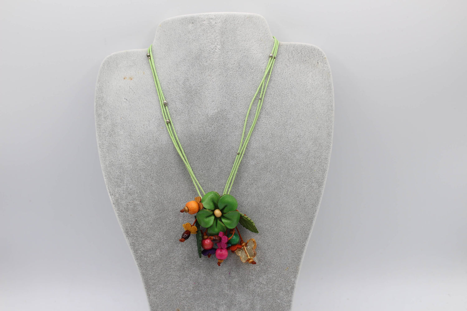 Leather flower necklace with wood beads
