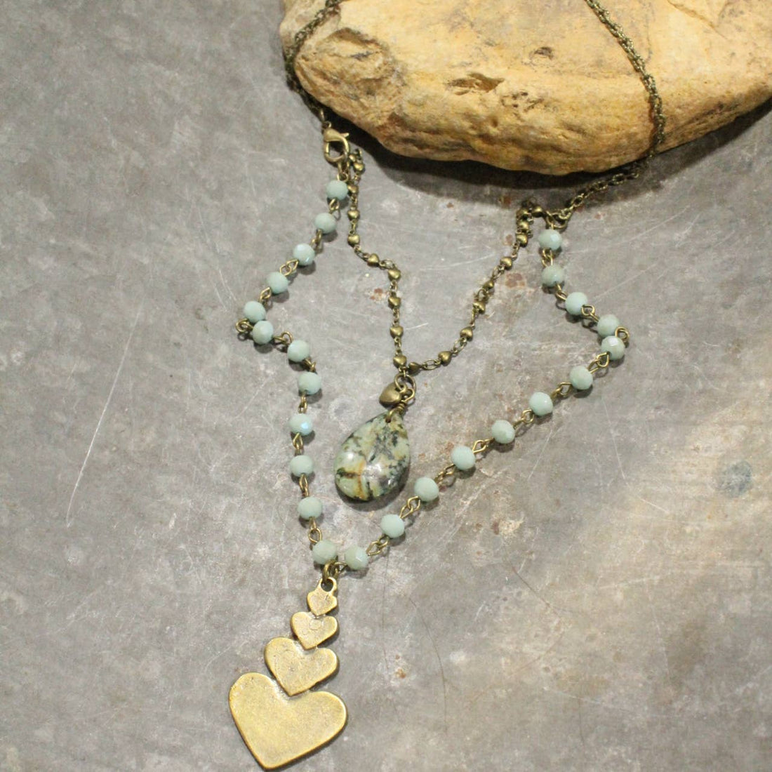 The Primitive Peddler, Inc. - Double Layered Stone &amp; Bronze Heart Drop Necklace