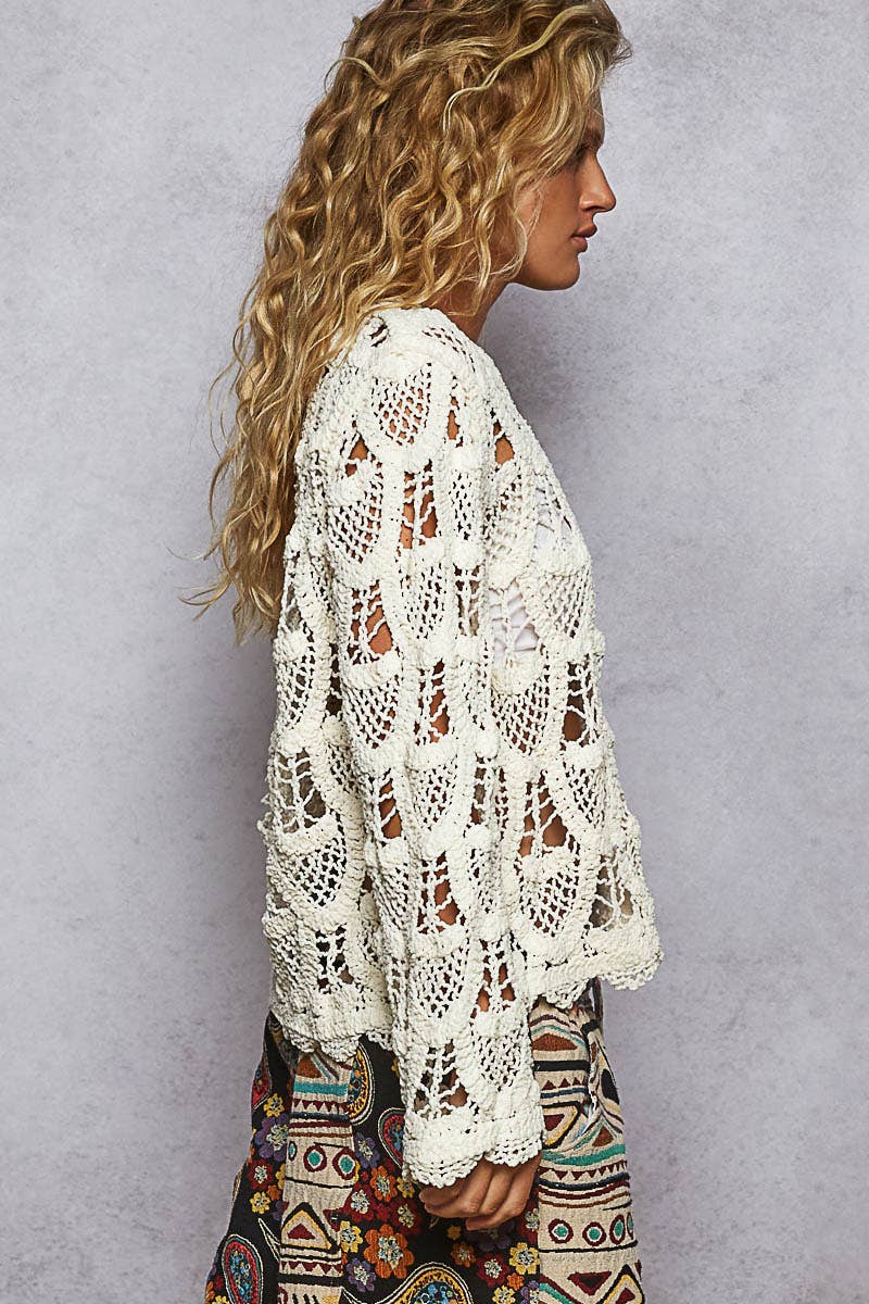 Pol Clothing - Round neck long sleeve solid crochet top