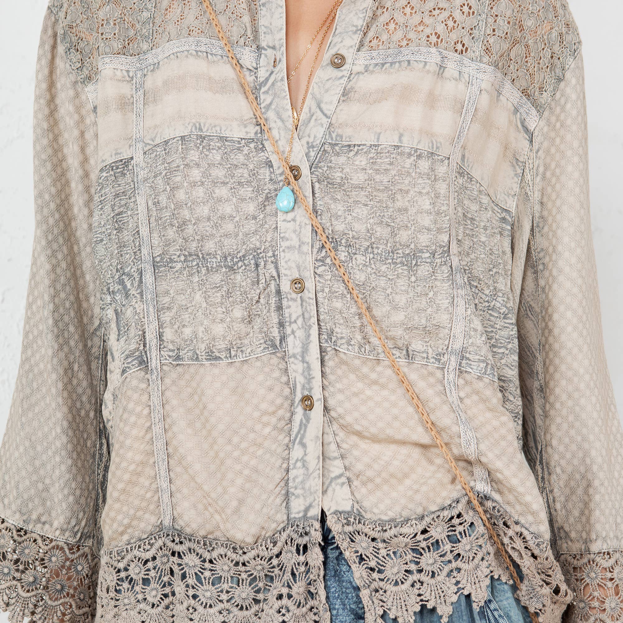Young Threads - Chic Lace Patch Shacket with White Shell Buttons