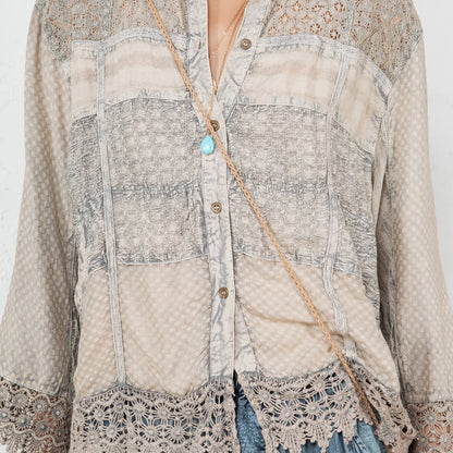 Young Threads - Chic Lace Patch Shacket with White Shell Buttons