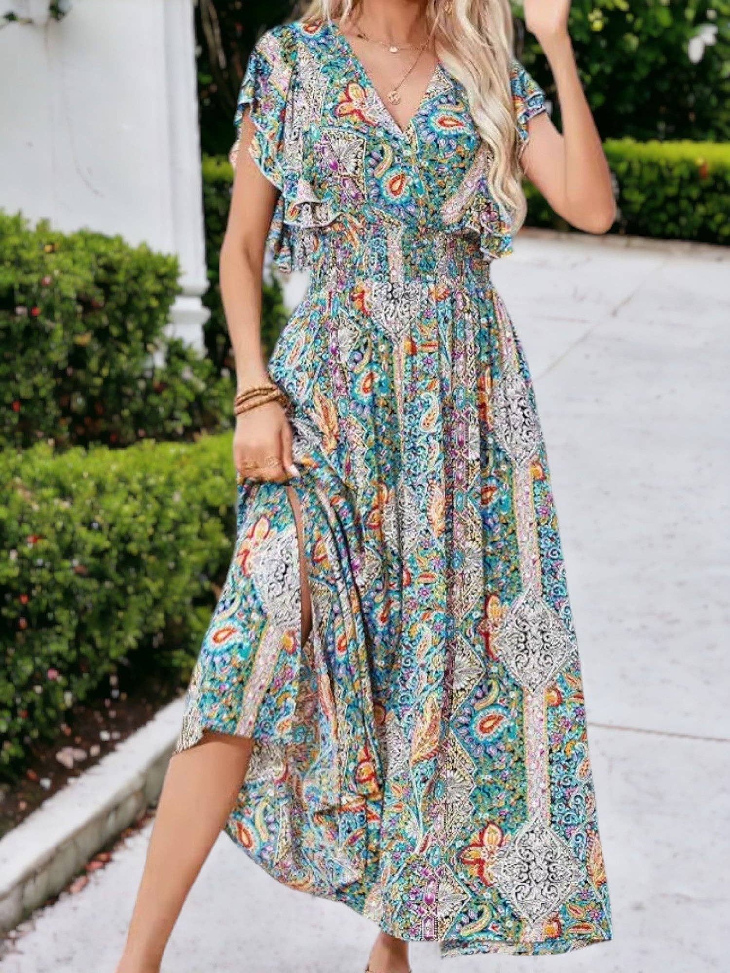 Anna Kaci Wholesale - Summer V-Neck Floral Chiffon Ruffle Sleeve Dress