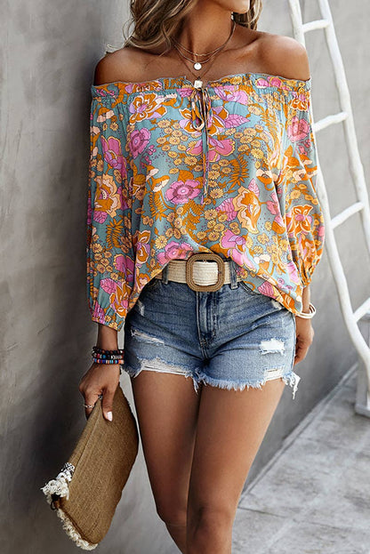 Supreme Fashion - Boho Print Off Shoulder Long Sleeve Knot Front Blouse
