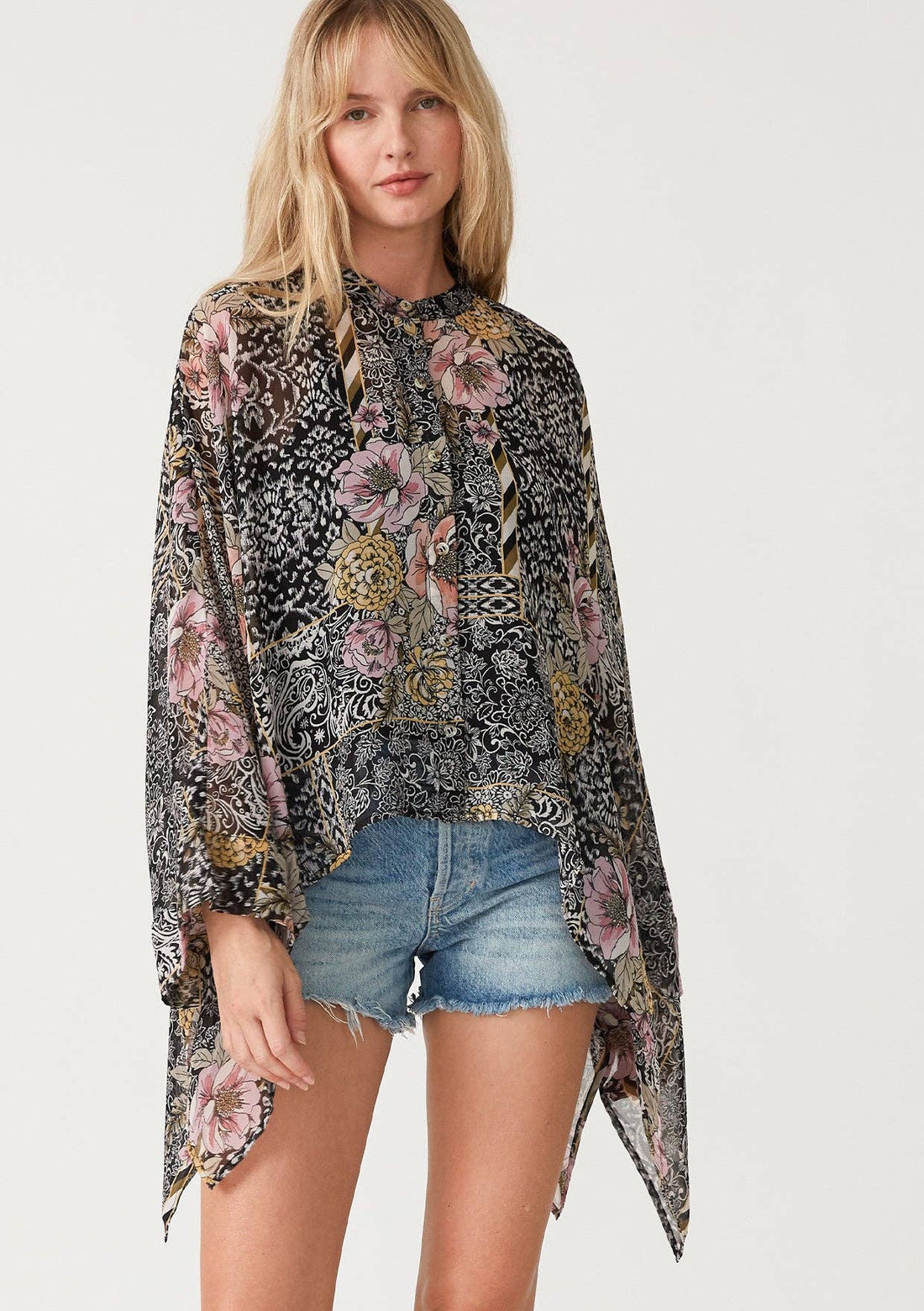 Lovestitch - Sheer Floral Asymmetric Button Front Blouse