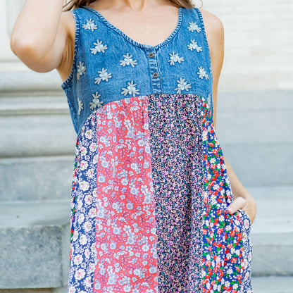 Young Threads - Young Threads Mini Denim Patchwork Sleeveless Dress