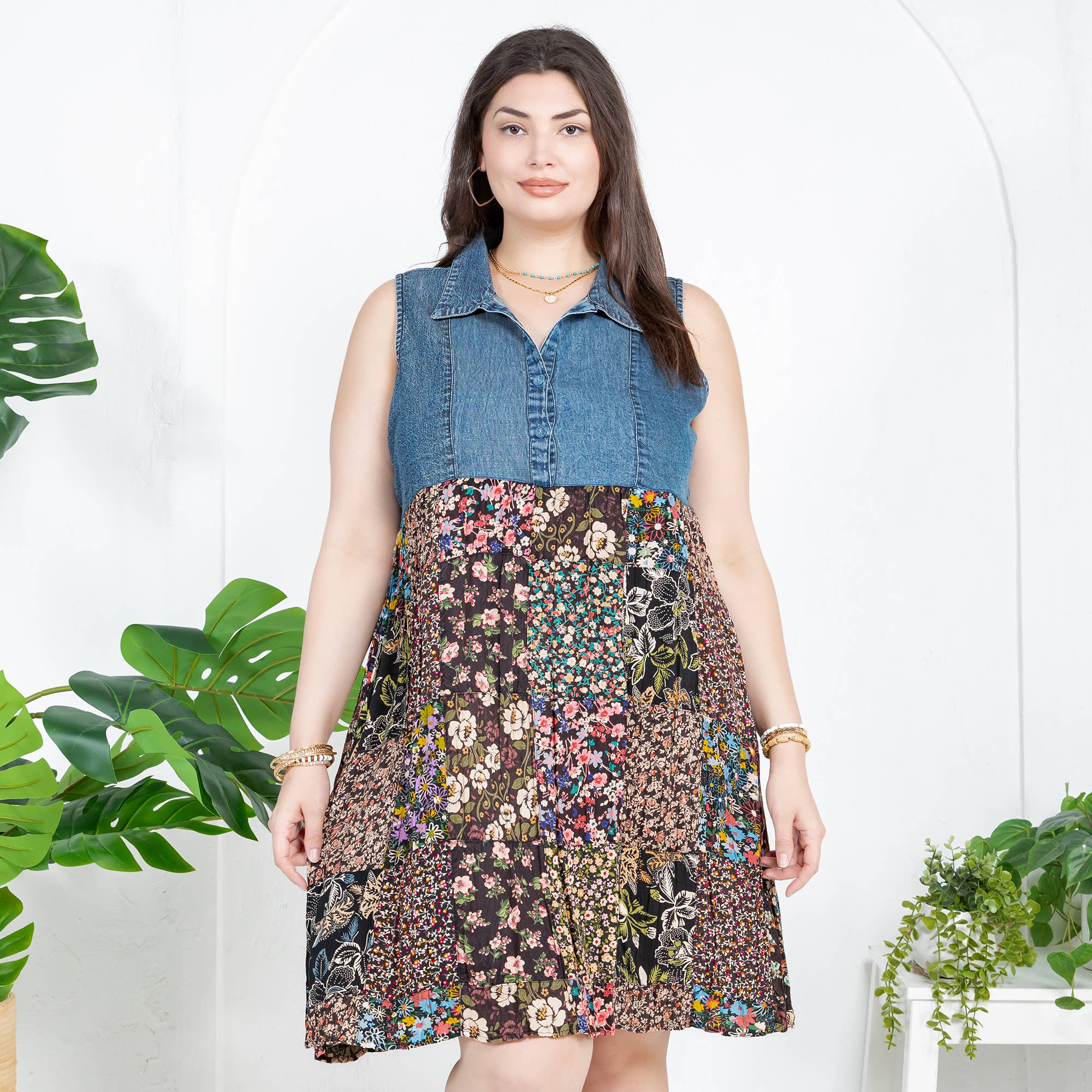 Young Threads - Rustic Summer Denim Short Dress with Print Patches