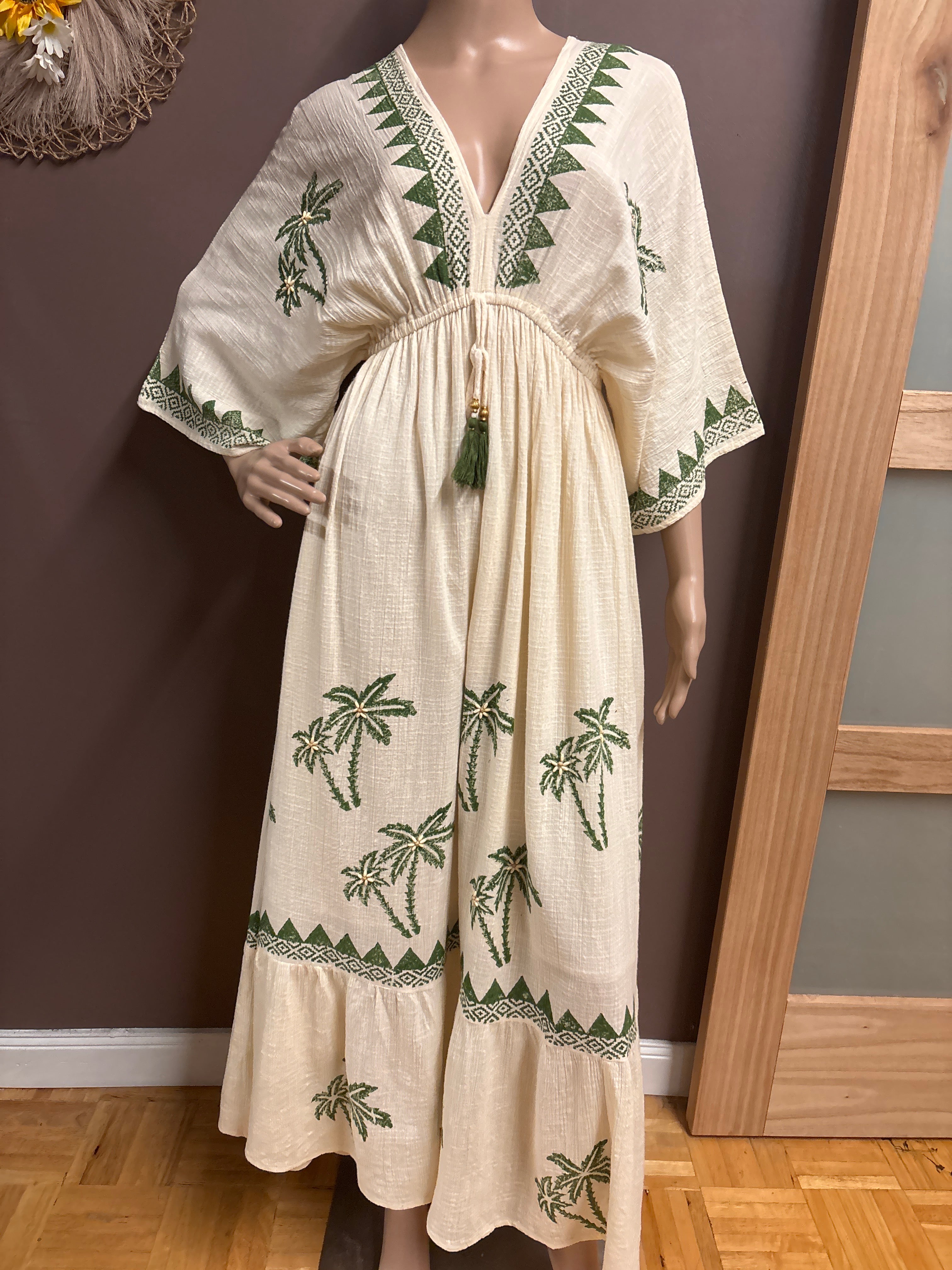 Indian Tropical Fashions-Palm tree kaftan with elegant beading