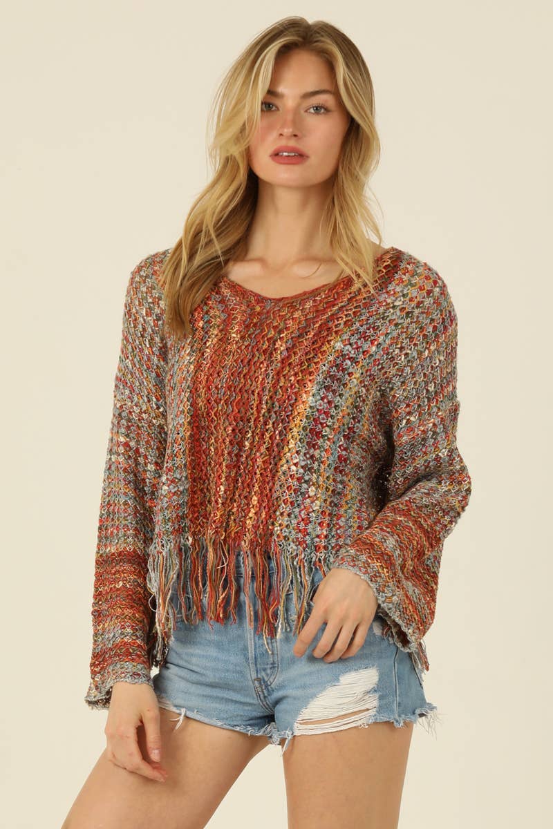 ANGIE - V NECK FRINGE HEM PULLOVER SWEATER