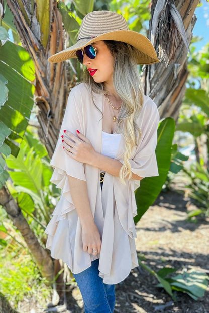 AMOLI - Beige Solid Chiffon Ruffled Sleeve Kimono Cover Up